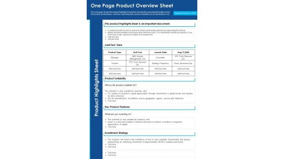 One Page Product Overview Sheet PDF Document PPT Template