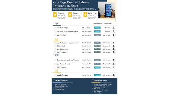 One Page Product Release Information Sheet PDF Document PPT Template