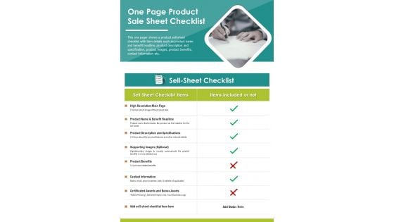 One Page Product Sale Sheet Checklist PDF Document PPT Template One Page Product Sale Sheet Checklist PDF Document PPT Template