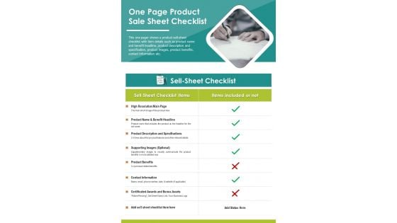 One Page Product Sale Sheet Checklist PDF Document PPT Template