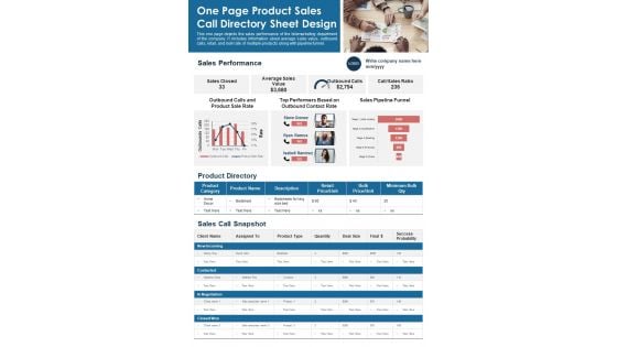 One Page Product Sales Call Directory Sheet Design PDF Document PPT Template
