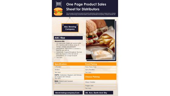 One Page Product Sales Sheet For Distributors PDF Document PPT Template