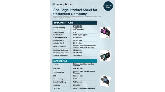 One Page Product Sheet For Production Company PDF Document PPT Template