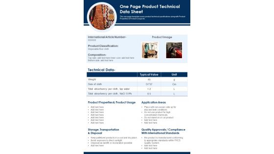 One Page Product Technical Data Sheet PDF Document PPT Template