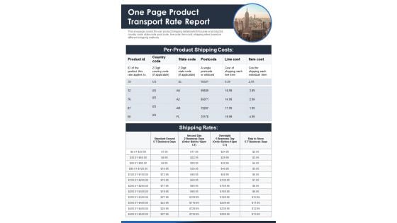 One Page Product Transport Rate Report PDF Document PPT Template