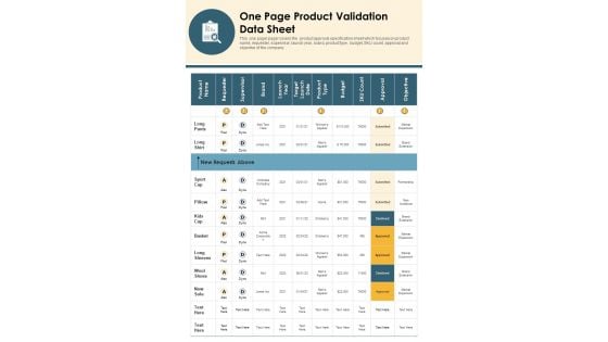 One Page Product Validation Data Sheet PDF Document PPT Template