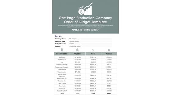 One Page Production Company Order Of Budget Template PDF Document PPT Template One Page Production Company Order Of Budget Template PDF Document PPT Template