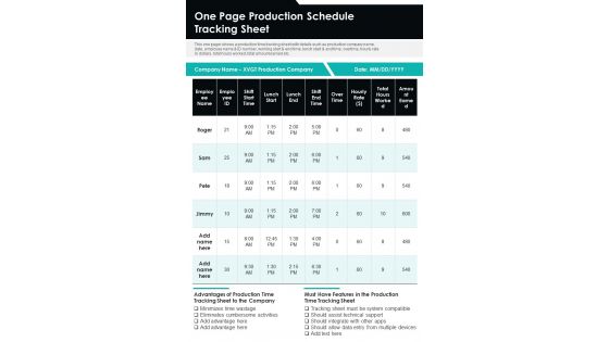 One Page Production Schedule Tracking Sheet PDF Document PPT Template