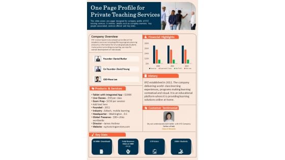 One Page Profile For Private Teaching Services PDF Document PPT Template One Page Profile For Private Teaching Services PDF Document PPT Template