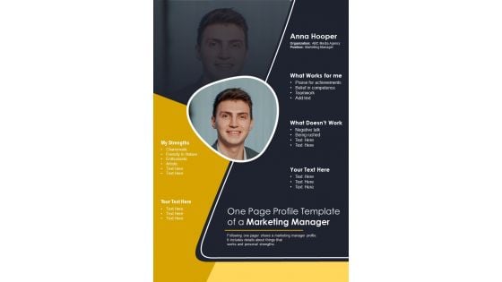 One Page Profile Template Of A Marketing Manager PDF Document PPT Template