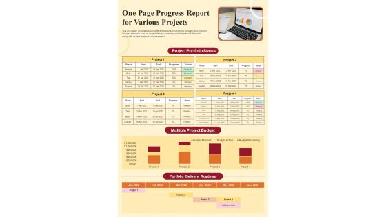 One Page Progress Report For Various Projects PDF Document PPT Template