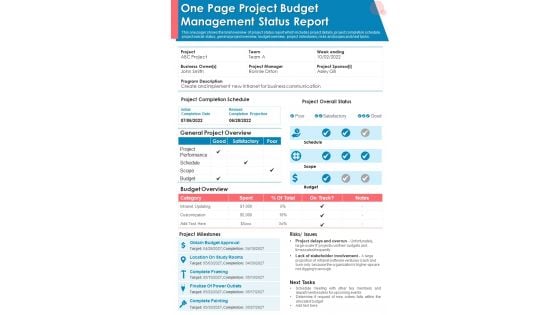 One Page Project Budget Management Status Report PDF Document PPT Template