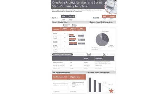 One Page Project Iteration And Sprint Status Summary Template PDF Document PPT Template