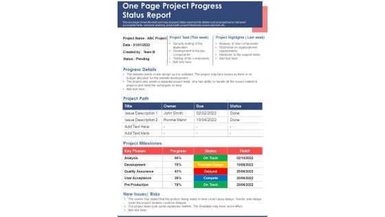 One Page Project Progress Status Report PDF Document PPT Template