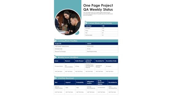 One Page Project QA Weekly Status PDF Document PPT Template