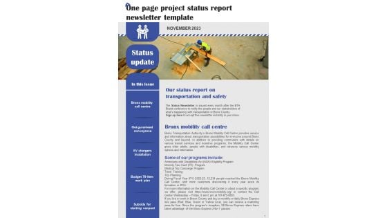 One Page Project Status Report Newsletter Template PDF Document PPT Template