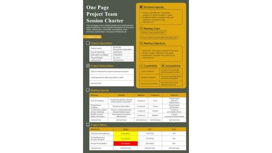 One Page Project Team Session Charter PDF Document PPT Template