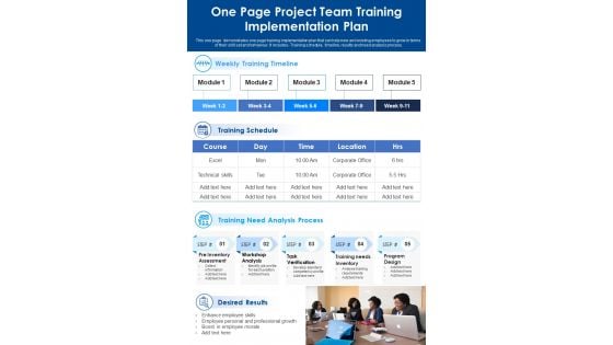 One Page Project Team Training Implementation Plan PDF Document PPT Template