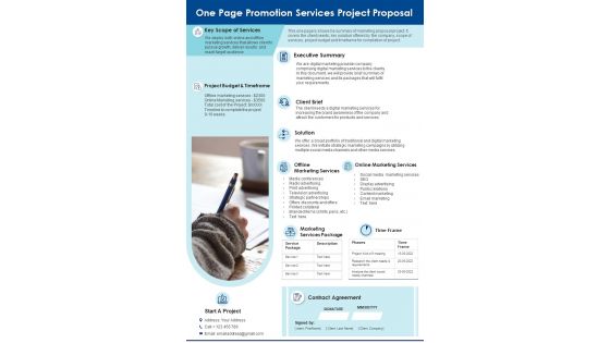 One Page Promotion Services Project Proposal PDF Document PPT Template