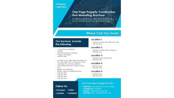 One Page Property Construction Firm Marketing Brochure PDF Document PPT Template