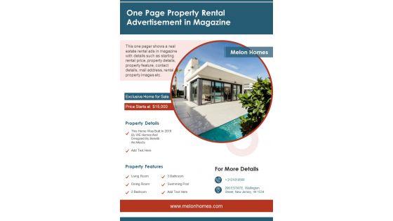 One Page Property Rental Advertisement In Magazine PDF Document PPT Template