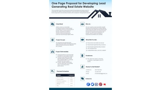 One Page Proposal For Developing Lead Generating Real Estate Website PDF Document PPT Template One Page Proposal For Developing Lead Generating Real Estate Website PDF Document PPT Template