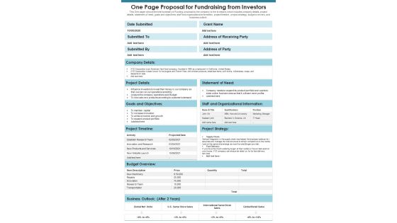 One Page Proposal For Fundraising From Investors PDF Document PPT Template