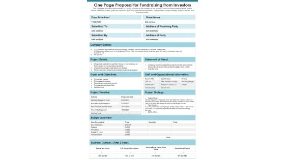 One Page Proposal For Fundraising From Investors PDF Document PPT Template One Page Proposal For Fundraising From Investors PDF Document PPT Template