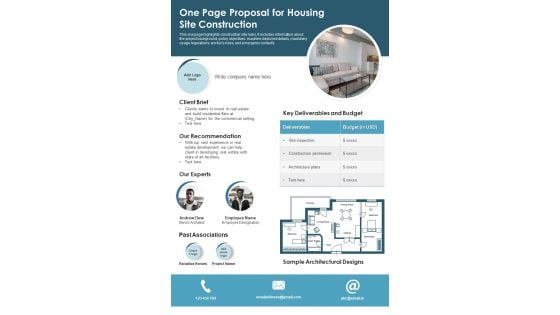 One Page Proposal For Housing Site Construction PDF Document PPT Template