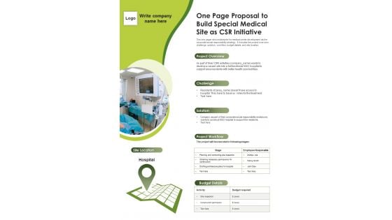 One Page Proposal To Build Special Medical Site As CSR Initiative PDF Document PPT Template One Page Proposal To Build Special Medical Site As CSR Initiative PDF Document PPT Template