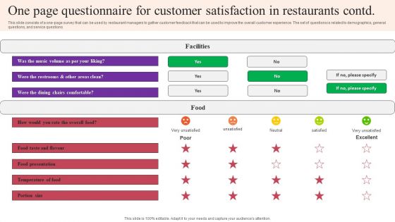 One Page Questionnaire For Customer Satisfaction In Restaurants Contd Survey SS