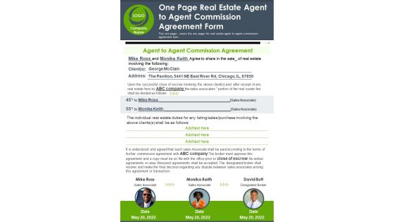 One Page Real Estate Agent To Agent Commission Agreement Form PDF Document PPT Template