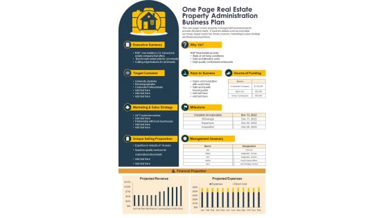 One Page Real Estate Property Administration Business Plan PDF Document PPT Template