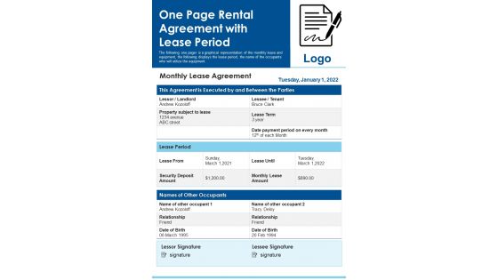 One Page Rental Agreement With Lease Period PDF Document PPT Template