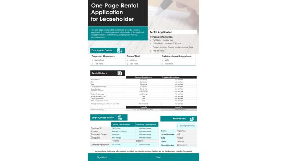 One Page Rental Application For Leaseholder PDF Document PPT Template