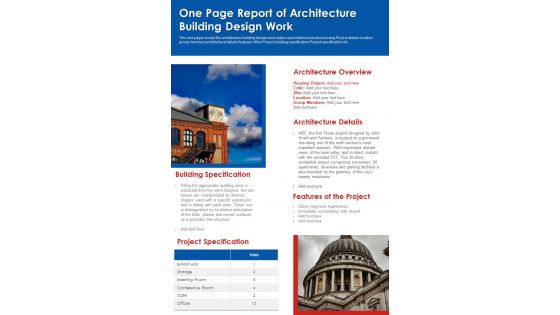 One Page Report Of Architecture Building Design Work PDF Document PPT Template