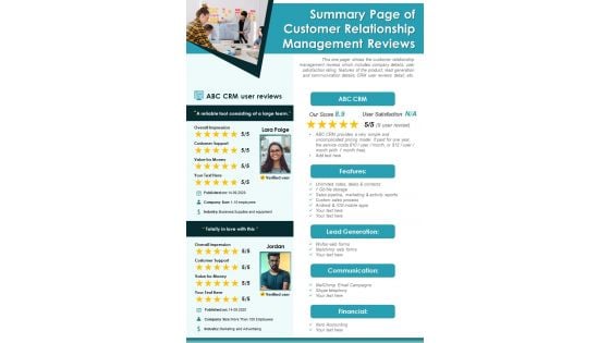One Page Report Of CRM Reviews PDF Document PPT Template