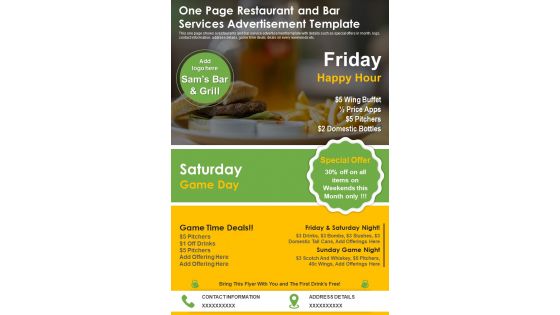 One Page Restaurant And Bar Services Advertisement Template PDF Document PPT Template