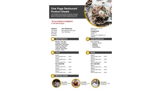 One Page Restaurant Product Sheets PDF Document PPT Template