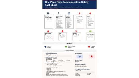 One Page Risk Communication Safety Fact Sheet PDF Document PPT Template