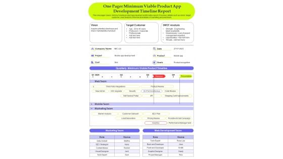 One Page Roadmap For Minimum Viable Product App Development PDF Document PPT Template