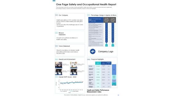 One Page Safety And Occupational Health Report One Pager Documents