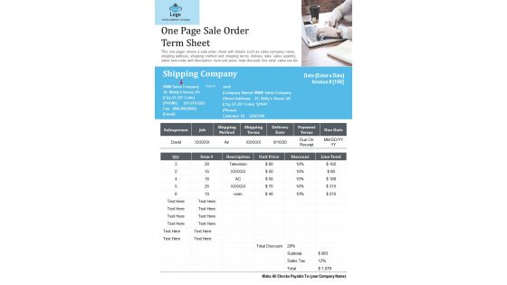 One Page Sale Order Term Sheet PDF Document PPT Template