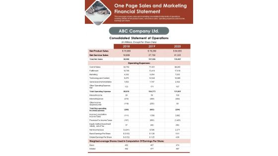 One Page Sales And Marketing Financial Statement PDF Document PPT Template