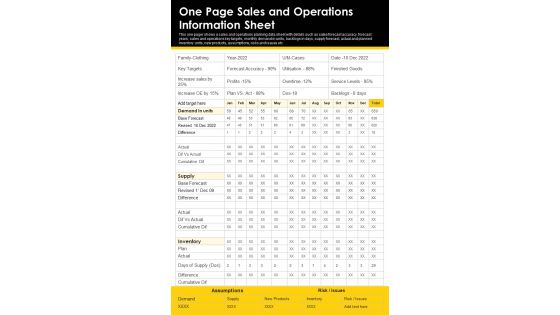 One Page Sales And Operations Information Sheet PDF Document PPT Template