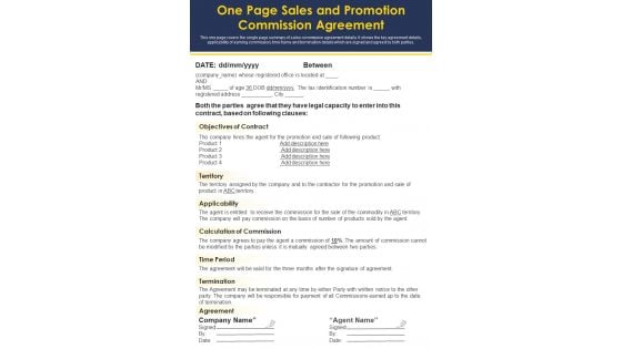 One Page Sales And Promotion Commission Agreement PDF Document PPT Template