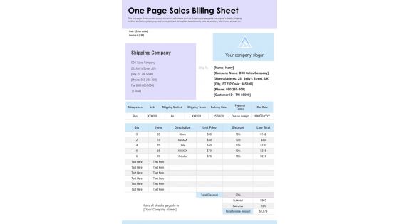 One Page Sales Billing Sheet PDF Document PPT Template