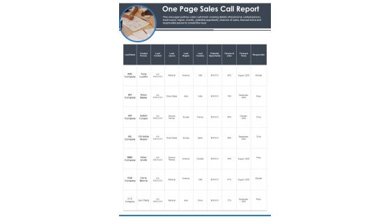 One Page Sales Call Report PDF Document PPT Template