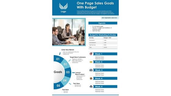 One Page Sales Goals With Budget PDF Document PPT Template