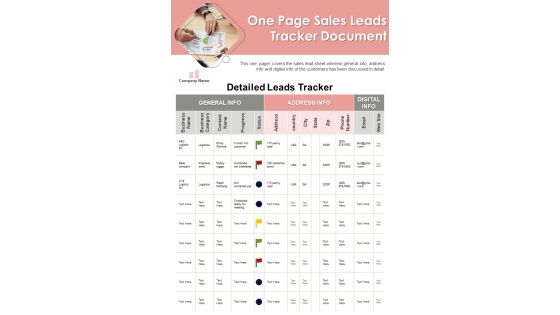 One Page Sales Leads Tracker Document PDF Document PPT Template